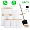 9Pcs Bathroom Accessories Set Trash Can Lotion Soap Dispensers Q-tip Holders Toothbrush Holder Soap Dish Vanity Tray Toilet Brush Black White