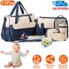 11Pcs Baby Nappy Diaper Bags Set for Mom Dad Mummy Shoulder Bags Multifunctional Diaper Handbags with Food Bag Bottle Bag Diaper Pad Burp Cloth 2 Hook